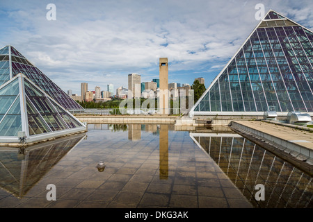 Die Muttart Conservatory Pyramiden und die Skyline der Stadt Edmonton, Alberta, Kanada. Stockfoto