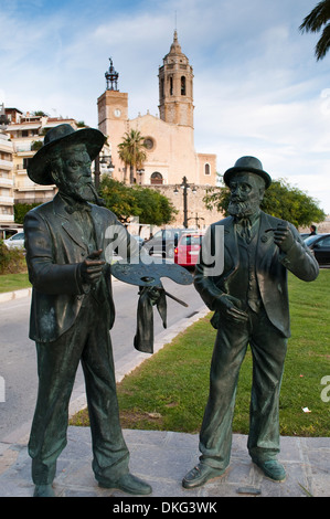 Skulpturen von Santiago Rusinol und Ramon Casas, Sitges, Katalonien, Spanien Stockfoto