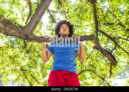 Junger Mann tun Chin ups auf Baum im park Stockfoto