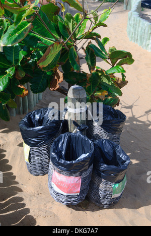 Brazilien. Bahia, Praia do Forte. Vier farbige Abfall-Behälter für Glas, Papier, Metall und Kunststoff. Stockfoto