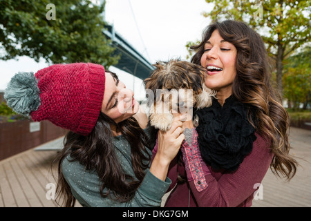Freunde halten Lieblingshund für Foto Stockfoto