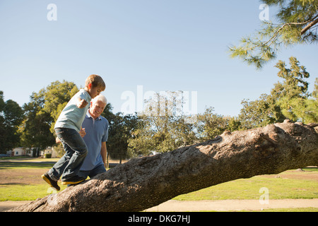 Großvater helfen Enkel Baum klettern Stockfoto