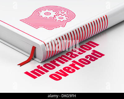 Informationskonzept: Buch Kopf mit Getriebe, Information Overload Stockfoto