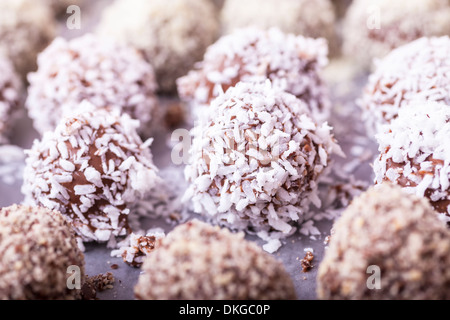 Hausgemachte Pralinen auf ein Backblech legen. Stockfoto