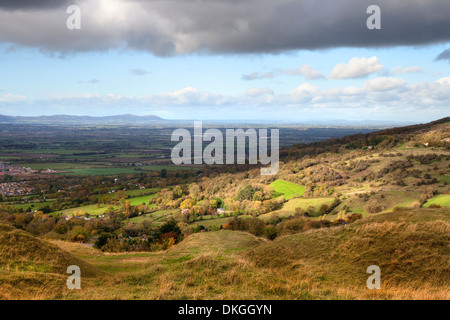 Blick vom Cleeve Common in der Nähe von Cheltenham, Gloucestershire, England. Stockfoto