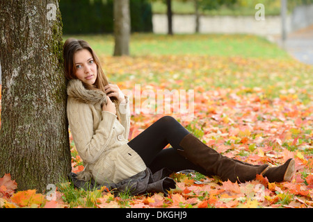 Junge Frau sitzt unter einem Baum im Herbst Stockfoto