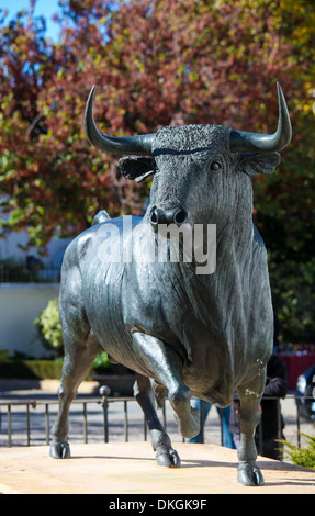 RONDA, Spanien - 1 Dez. Statue eines Stieres vor der Arena von Ronda, in der Provinz Malaga, Andalusien, Spanien, am 1. Dezember 2013. Stockfoto