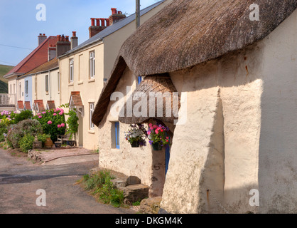 Ziemlich Reetdachhaus Hope Cove, Devon, England. Stockfoto