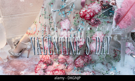 Kaskadierung Blumen Fuß ein Strauß Feder bestickte Tüll & Stiletto gekleidet in Nahaufnahme Bergdorf Goodman 2013 Weihnachts-Fenster Stockfoto