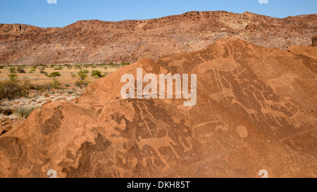 Rock-Petroglyphen in den Sandsteinfelsen bei Twyfelfontein, UNESCO-Weltkulturerbe, Namibia, Afrika Stockfoto