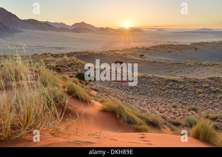 Sonnenaufgang von den Dünen des NamibRand, Namib-Wüste, Namibia, Afrika Stockfoto