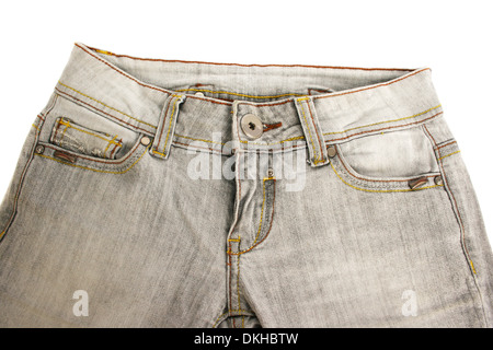 Graue Jeans auf weißem Hintergrund. Stockfoto