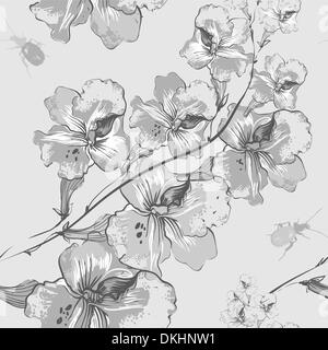 nahtlose Vektormuster mit grauen Blumen und bugs Stock Vektor