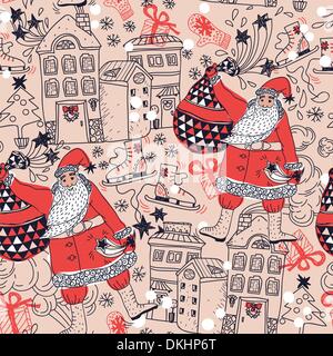 Weihnachten Vektor Musterdesign mit Santa und geschmückten Häuser Stock Vektor