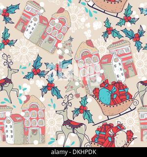Weihnachten Vektor Musterdesign mit Hirschen, Holly und geschmückten Häuser Stock Vektor