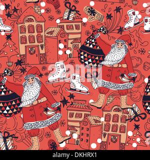 Weihnachten Vektor Musterdesign mit Santa und geschmückten Häuser Stock Vektor