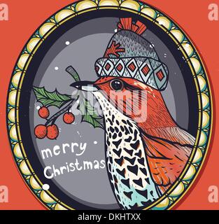 Weihnachten Vintage Porträt eines Fantasy-Winter-Vogels mit Stechpalme Beeren Stock Vektor