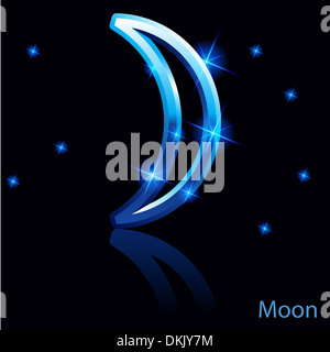 Glänzende blaue Mond-Zeichen auf schwarzem Hintergrund. Stockfoto