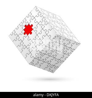 Kubus aus weißen Puzzle-Elemente mit einem roten Stück. Abbildung auf weißem Hintergrund. Stockfoto