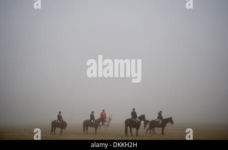 26. November 2009 - Southern Pines, North Carolina, USA - Jäger auf ihre Pferde für die anderen Jäger, für die Moore County Hounds Fuchsjagd im Hobby-Bereich in Southern Pines, North Carolina ankommen warten. Moore County Hounds-Fuchsjagd hat eine Tradition in Southern Pines seit 1914, als die Moore County Jagdhunde von Enkel von James Boyd, Stahl und Eisenbahn Magnat gegründet wurden Stockfoto