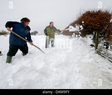 Bauern Graben Sie die Schnee bedeckten Einfahrt in der Nähe vom Dorf Bratton Fleming, Devon, UK im winter Stockfoto