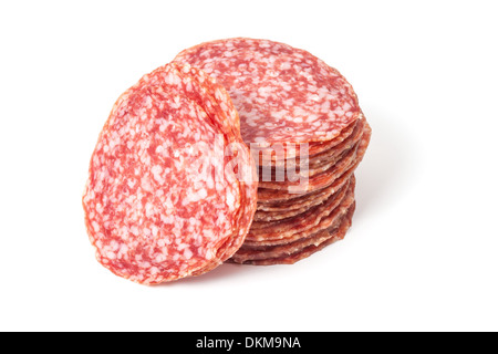 Scheiben Salami isoliert auf weißem Hintergrund Stockfoto