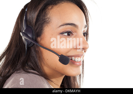 Porträt von glücklich lächelnde fröhlich Support Telefon-Betreiber im Kopfhörer, isoliert auf weißem Hintergrund Stockfoto