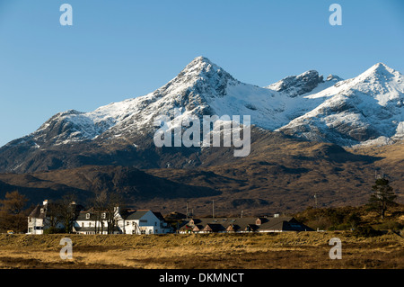 Sgurr Nan Gillean und die Cuillin Berge von Sligachan, Isle Of Skye. Hochlandregion, Schottland, UK. Stockfoto