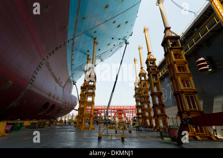 Besuchen Sie am Fließband von den 20 Triple-E 18.200 TEU große Containerschiffe bei Daewoo (DSME)-Werft in Südkorea. Stockfoto