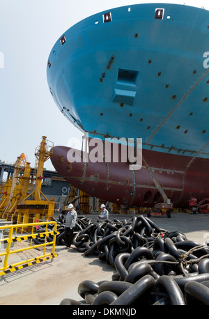 Besuchen Sie am Fließband von den 20 Triple-E 18.200 TEU große Containerschiffe bei Daewoo (DSME)-Werft in Südkorea. Stockfoto