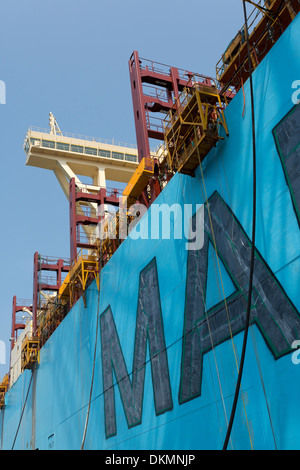 Besuchen Sie am Fließband von den 20 Triple-E 18.200 TEU große Containerschiffe bei Daewoo (DSME)-Werft in Südkorea. Stockfoto