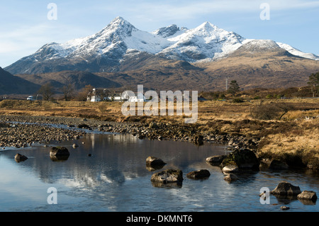 Sgurr Nan Gillean und die Cuillin Berge von Sligachan, Isle Of Skye. Hochlandregion, Schottland, UK. Stockfoto