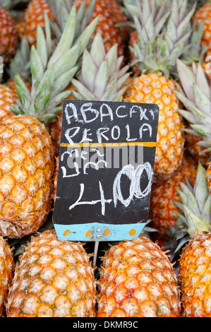 Stapel von frische ganze Ananas Früchte zum Verkauf an brasilianischen Bauernmarkt in Rio De Janeiro Brasilien Stockfoto