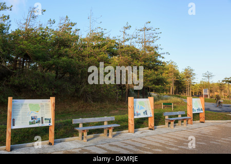 Neue Info-Tafeln vom Parkplatz in Newborough Wald, Isle of Anglesey, North Wales, UK, Großbritannien Stockfoto