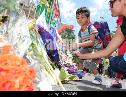 CAPE TOWN, SOUTH AFRICA - Samstag, 7. Dezember 2013, ein kleiner Junge und seine Mutter legen einen Strauß Rosen am Fuße der Barrikade während einer Zeit der nationalen Trauer über den Tod des ersten demokratisch gewählten Präsidenten, Nelson Mandela, vor dem Rathaus in Kapstadt.  Bildnachweis: Roger Sedres/Alamy Live-Nachrichten Stockfoto