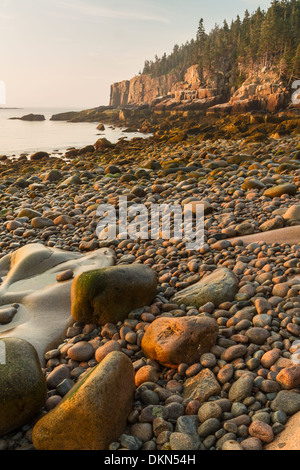 Abgerundeten Steinen am Boulder Beach mit Blick auf den Otter Klippen bei Sonnenaufgang im Acadia National Park, Maine Stockfoto