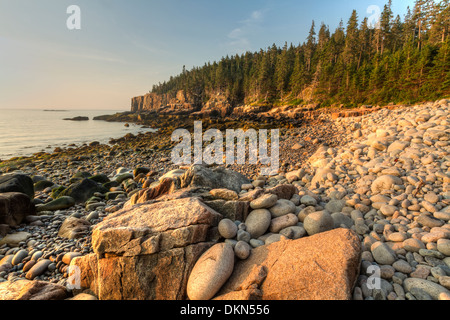 Glatte Steinen eingebettet in größeren Felsen am Boulder Beach mit Blick auf den Otter Klippen bei Sonnenaufgang im Acadia National Park, Maine Stockfoto