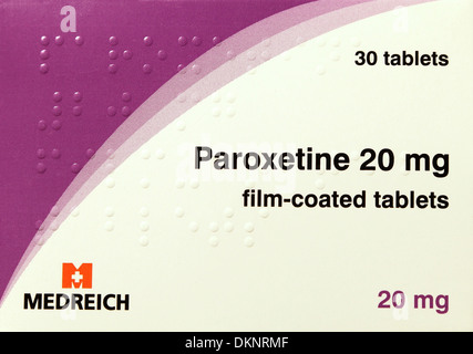 Paroxetin 20mg Tabletten, Pack, Paket, Pakete, Pakete, Tablet, Medizin, Medikamente, Depressionen zu reduzieren, Seroxat 20 mg Stockfoto