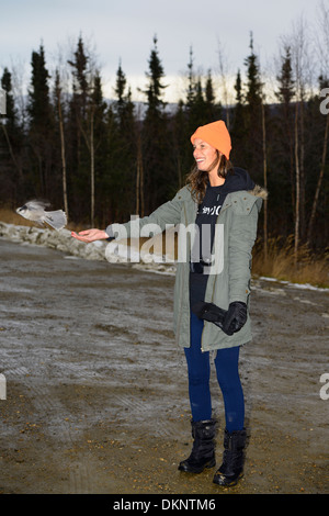 Weibliche Touristen Handanlage ein grau-Jay an der Haltestelle des Polarkreises unterzeichnen auf dem Dalton Highway in Alaska USA Stockfoto