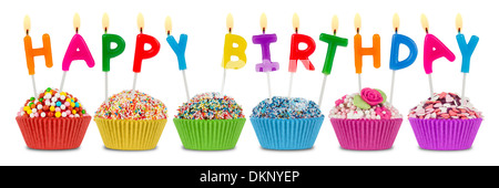 Reihe von Cupcakes mit happy Birthday Schriftzug Stockfoto