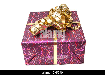 Geschenkbox mit Gold Bandbogen isoliert auf weißem Hintergrund Stockfoto