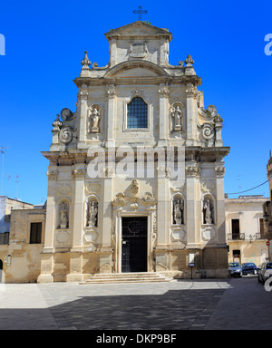 Skulptur der Fassade der Kirche des Heiligen Kreuzes (Chiesa di Santa Croce), Lecce, Apulien, Italien Stockfoto