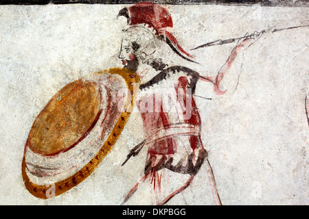Antike griechische Krieger, Wandmalerei, Archäologisches Museum, Paestum, Kampanien, Italien Stockfoto