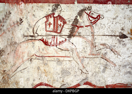 Antike griechische Krieger, Wandmalerei, Archäologisches Museum, Paestum, Kampanien, Italien Stockfoto