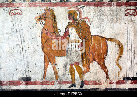 Antike griechische Krieger, Wandmalerei, Archäologisches Museum, Paestum, Kampanien, Italien Stockfoto