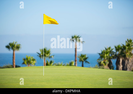 Fahne im Loch am Golfplatz mit Blick auf Meer Stockfoto