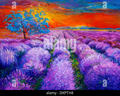 Original Ölgemälde von Lavendelfeldern auf Leinwand. Sonnenuntergang Landschaft. Moderne Impressionismus Stockfoto