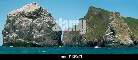 Touristenboot unter Stac Lee, St. Kilda Archipels, äußeren Hebriden, Schottland.  Boreray auf der rechten Seite. Stockfoto