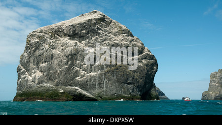 Touristenboot unter Stac Lee, St. Kilda Archipels, äußeren Hebriden, Schottland.  Boreray auf der rechten Seite. Stockfoto