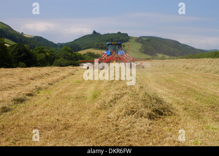 Auftragnehmer mit einem Traktor von New Holland T7030 und einen SIP-Heu-Rechen, Rechen Heu Pressen auf einem Bio-Bauernhof. Powys, Wales. Juli. Stockfoto